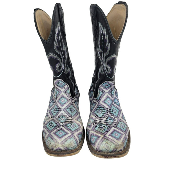 Roper Western Boots Girls Size 2 Black Purple Square Toe Bling Cowgirl Pull On - Picture 3 of 9